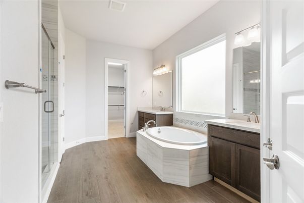Bathroom, Dual Sink Vanities, Glass Shower, Interior, Wood Texture Flooring