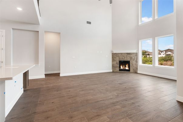 Empty room, Fireplace, Interior, Recessed Lighting, Wood Texture Flooring