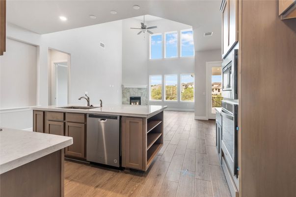 Fireplace, Interior, Kitchen, Recessed Lighting, Wood Texture Flooring