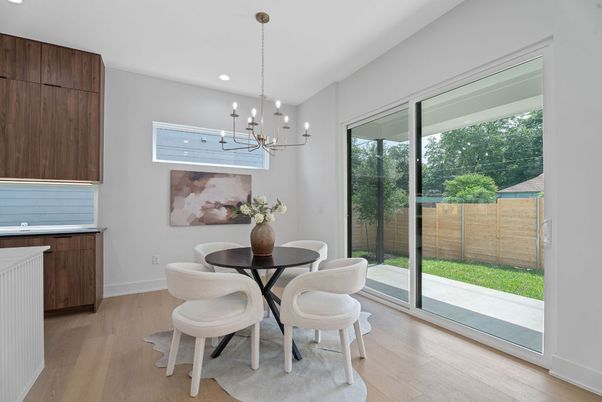 Dining room, Interior, Pendant Lights, Recessed Lighting, Wood Texture Flooring