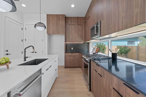 Interior, Kitchen, Pendant Lights, Recessed Lighting, Stainless Steel Appliances, Wood Texture Flooring