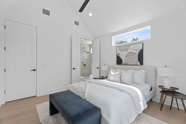 Bedroom, Interior, Recessed Lighting, Wood Texture Flooring