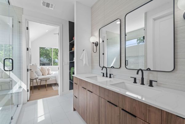 Bathroom, Dual Sink Vanities, Glass Shower, Interior, Recessed Lighting, Wood Texture Flooring