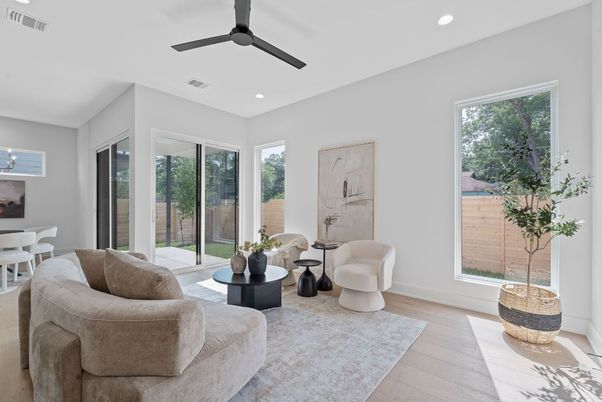 Dining room, Interior, Living room, Recessed Lighting, Wood Texture Flooring
