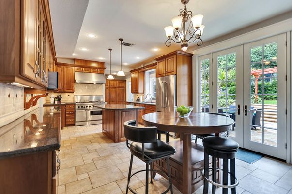 Chandelier, Interior, Kitchen, Pendant Lights, Recessed Lighting, Stainless Steel Appliances