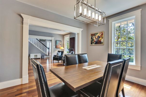 Dining room, Interior, Pendant Lights, Wood Texture Flooring