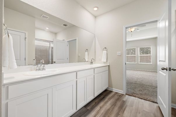 Bathroom, Dual Sink Vanities, Interior, Recessed Lighting, Wood Texture Flooring