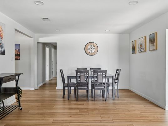 Dining room, Interior, Recessed Lighting, Wood Texture Flooring