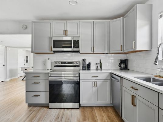 Interior, Kitchen, Recessed Lighting, Stainless Steel Appliances, Wood Texture Flooring