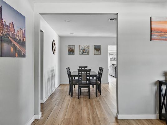 Dining room, Interior, Recessed Lighting, Wood Texture Flooring
