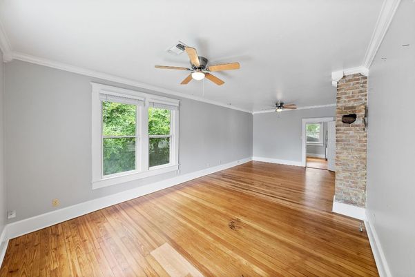Empty room, Fireplace, Interior, Stone Walls, Wood Texture Flooring