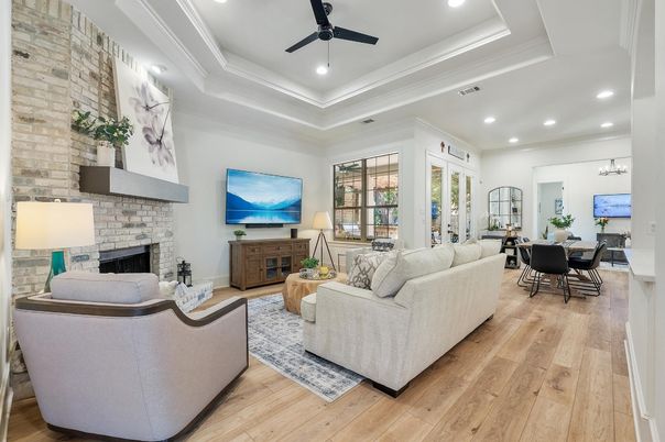Dining room, Fireplace, Interior, Living room, Pendant Lights, Recessed Lighting, Stone Walls, Wood Texture Flooring