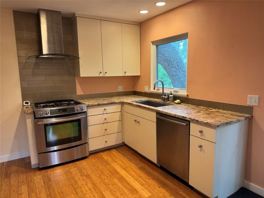 Interior, Kitchen, Recessed Lighting, Stainless Steel Appliances, Wood Texture Flooring