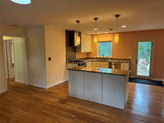 Interior, Kitchen, Pendant Lights, Recessed Lighting, Wood Texture Flooring
