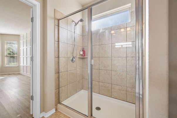 Bathroom, Glass Shower, Interior, Wood Texture Flooring