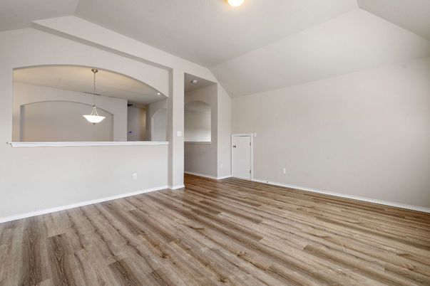 Empty room, Interior, Pendant Lights, Recessed Lighting, Wood Texture Flooring