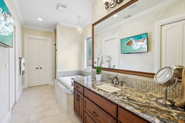 Bathroom, Chandelier, Dual Sink Vanities, Interior, Recessed Lighting