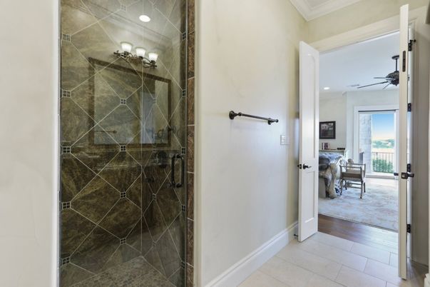 Bathroom, Glass Shower, Interior, Recessed Lighting, Wood Texture Flooring