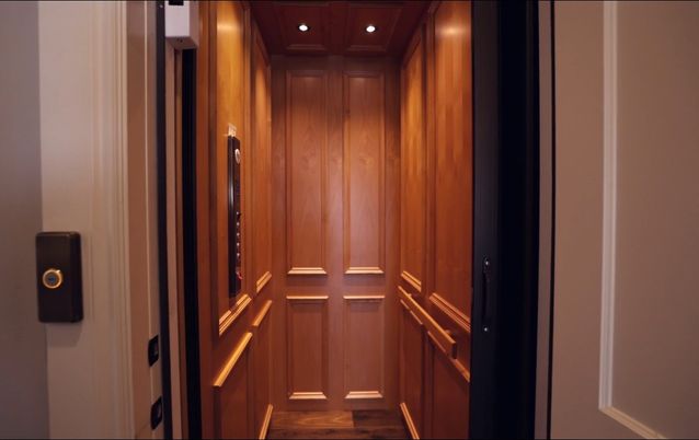 Elevator, Interior, Recessed Lighting, Wooden Ceilings, Wood Texture Flooring, Wooden Walls