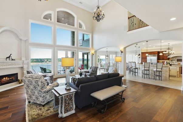 Chandelier, Dining room, Fireplace, Interior, Kitchen, Living room, Pendant Lights, Recessed Lighting, Wood Texture Flooring