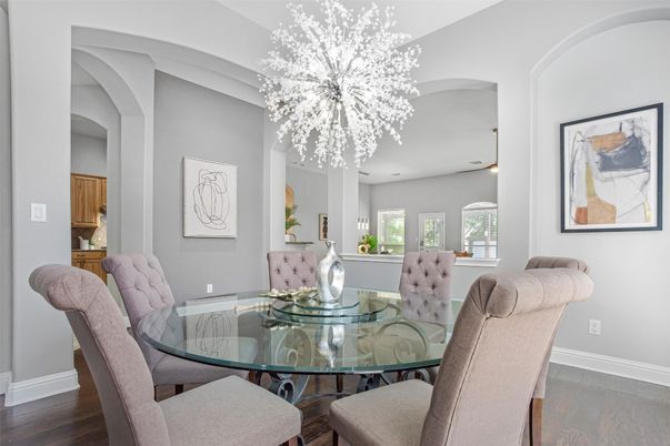 Chandelier, Dining room, Interior, Recessed Lighting, Wood Texture Flooring