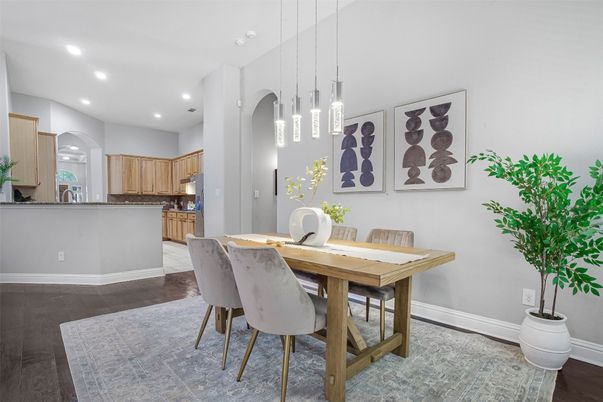 Dining room, Interior, Kitchen, Pendant Lights, Recessed Lighting, Wood Texture Flooring