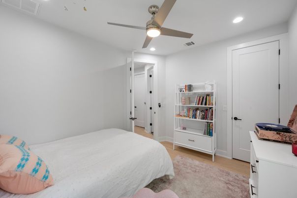 Bedroom, Interior, Recessed Lighting, Wood Texture Flooring