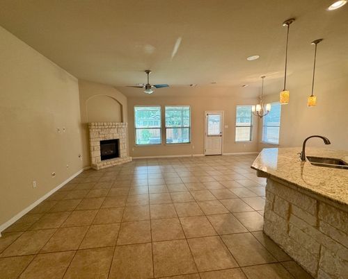 Chandelier, Empty room, Fireplace, Interior, Kitchen, Pendant Lights, Recessed Lighting