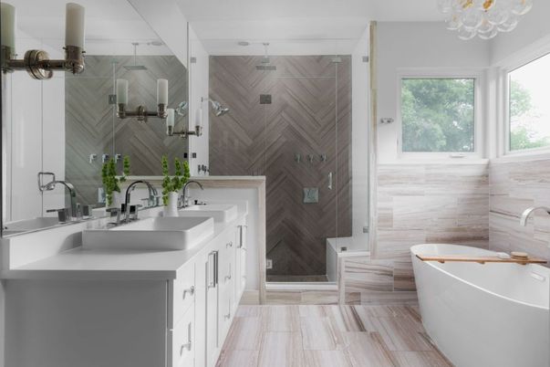 Bathroom, Dual Sink Vanities, Free Standing Baths, Glass Shower, Interior, Marble Walls