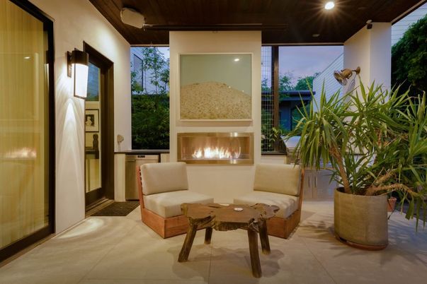 Fireplace, Interior, Recessed Lighting, Wooden Ceilings