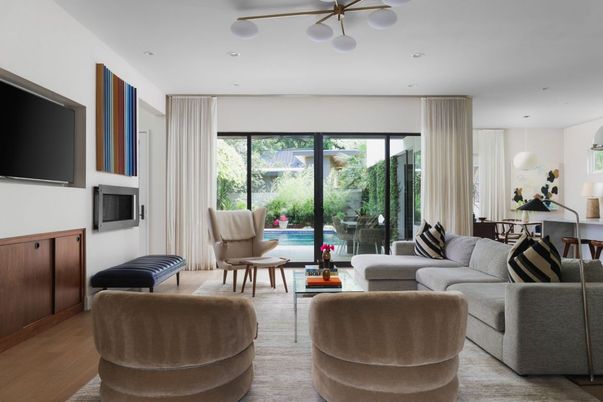 Dining room, Interior, Living room, Pendant Lights, Recessed Lighting, Wood Texture Flooring
