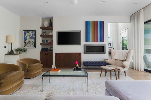 Fireplace, Interior, Living room, Recessed Lighting, Wood Texture Flooring