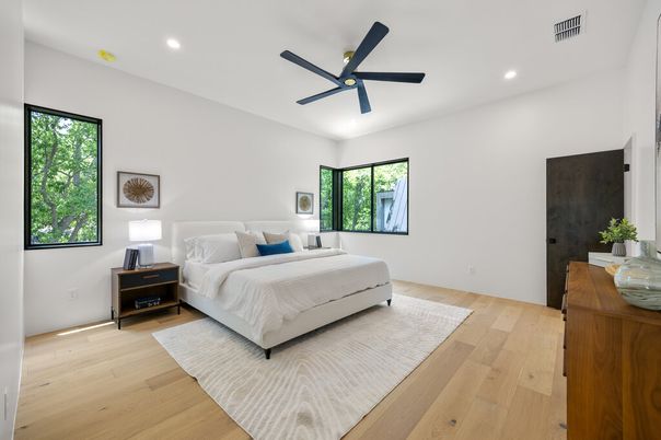 Bedroom, Interior, Recessed Lighting, Wood Texture Flooring