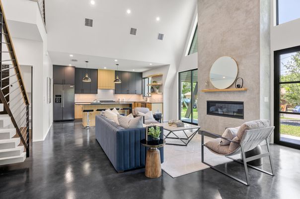 Fireplace, Interior, Kitchen, Living room, Pendant Lights, Recessed Lighting, Stainless Steel Appliances