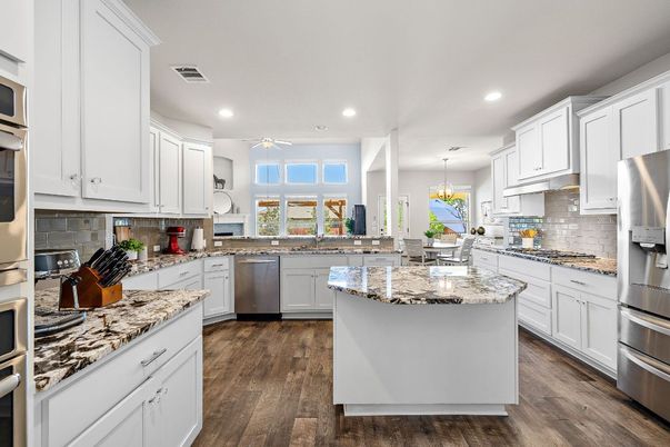 Chandelier, Interior, Kitchen, Recessed Lighting, Stainless Steel Appliances, Wood Texture Flooring
