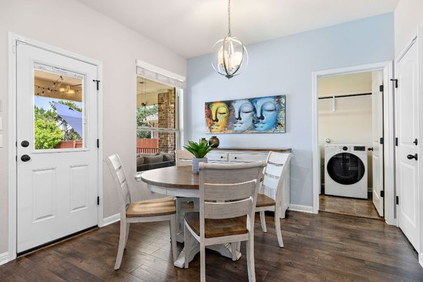 Dining room, Interior, Pendant Lights, Utility Closets, Washer, Wood Texture Flooring