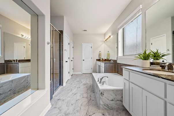 Bathroom, Dual Sink Vanities, Glass Shower, Interior, Marble