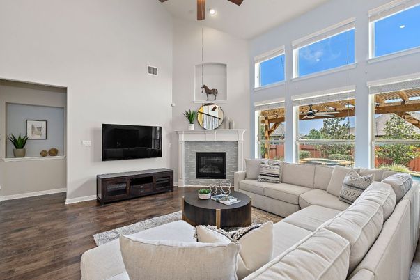Fireplace, Interior, Living room, Pendant Lights, Recessed Lighting, Wood Texture Flooring