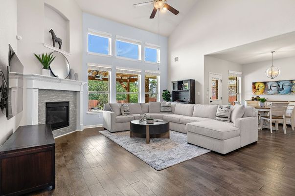 Dining room, Fireplace, Interior, Living room, Pendant Lights, Wood Texture Flooring