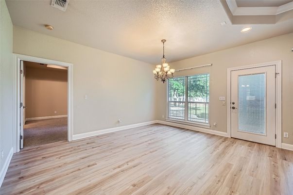 Chandelier, Empty room, Interior, Recessed Lighting, Wood Texture Flooring