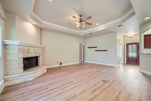 Empty room, Fireplace, Interior, Recessed Lighting, Wood Texture Flooring