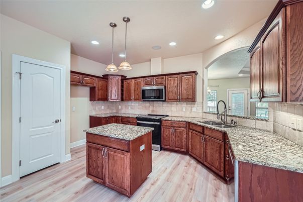 Interior, Kitchen, Pendant Lights, Recessed Lighting, Wood Texture Flooring