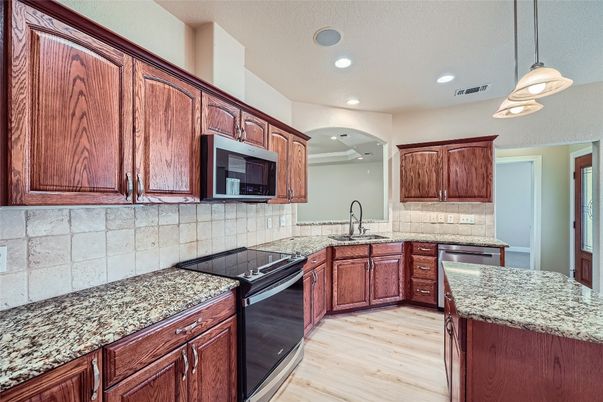 Interior, Kitchen, Pendant Lights, Recessed Lighting, Wood Texture Flooring