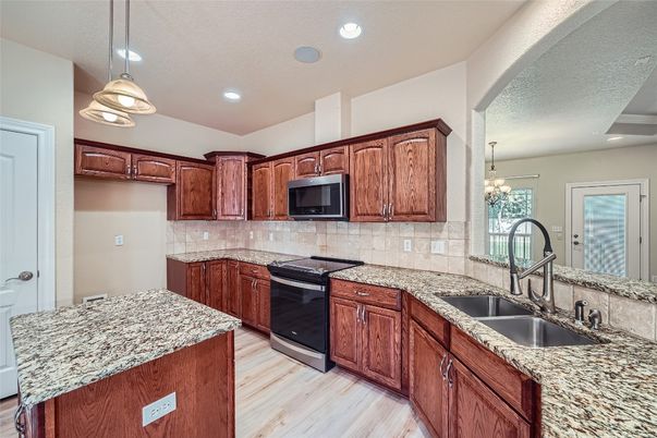 Chandelier, Interior, Kitchen, Pendant Lights, Recessed Lighting, Wood Texture Flooring
