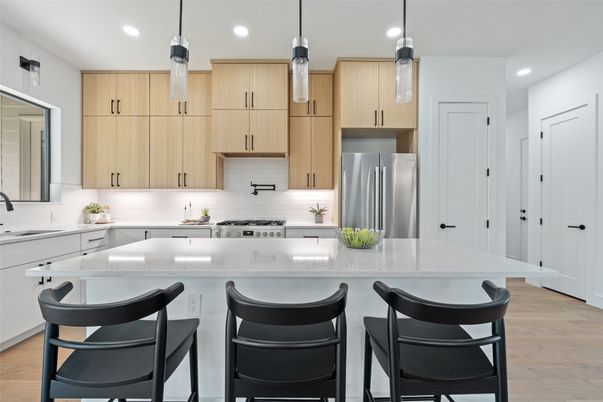 Interior, Kitchen, Pendant Lights, Recessed Lighting, Stainless Steel Appliances, Wood Texture Flooring