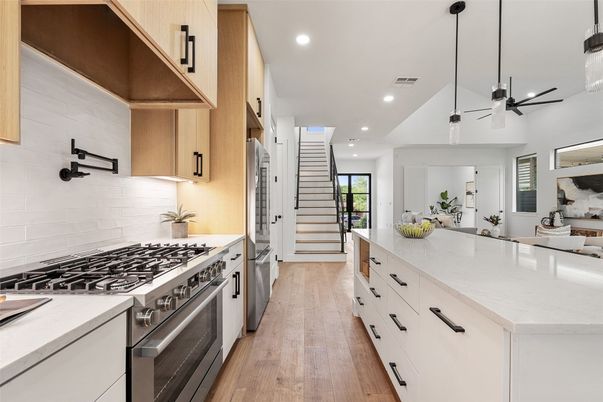 Interior, Kitchen, Pendant Lights, Recessed Lighting, Stainless Steel Appliances, Wood Texture Flooring