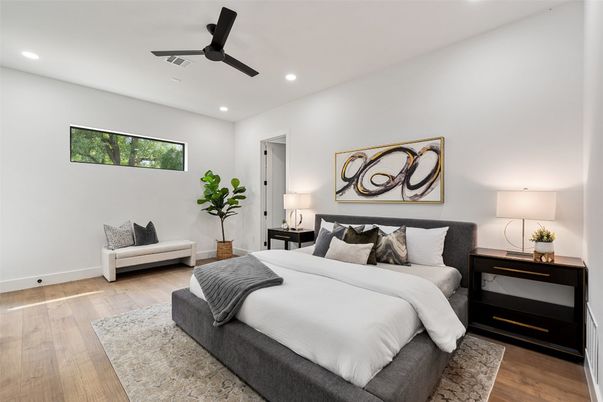 Bedroom, Interior, Recessed Lighting, Wood Texture Flooring