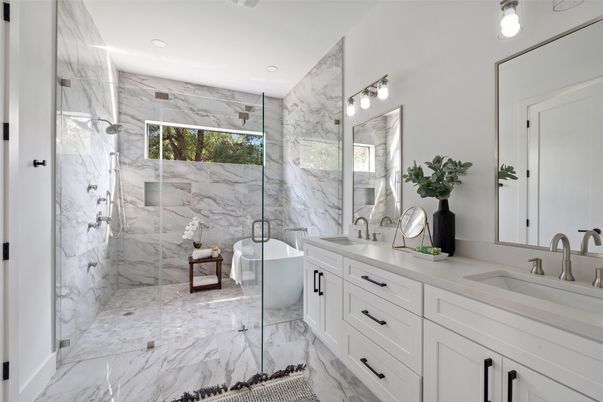 Bathroom, Dual Sink Vanities, Free Standing Baths, Glass Shower, Interior, Marble, Marble Walls, Recessed Lighting