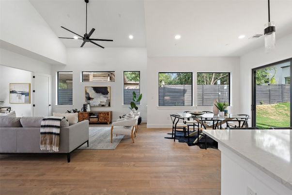Dining room, Interior, Living room, Pendant Lights, Recessed Lighting, Wood Texture Flooring