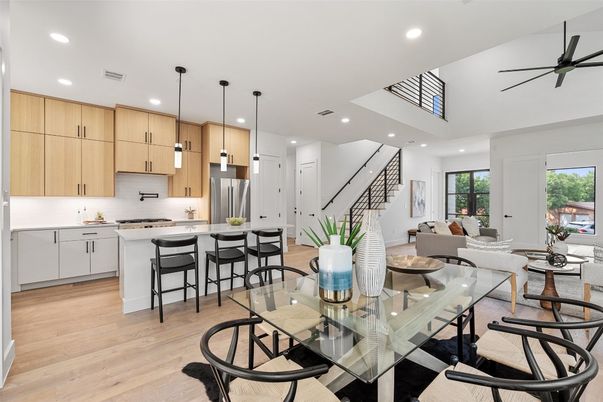 Dining room, Interior, Kitchen, Living room, Pendant Lights, Recessed Lighting, Wood Texture Flooring